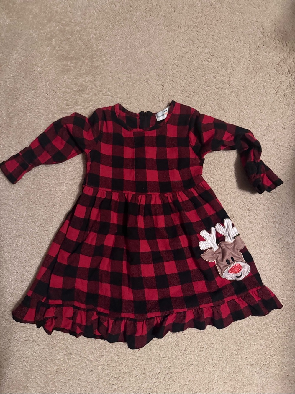 Girls Red and Black Buffalo Plaid Dress with Reindeer Appliqué